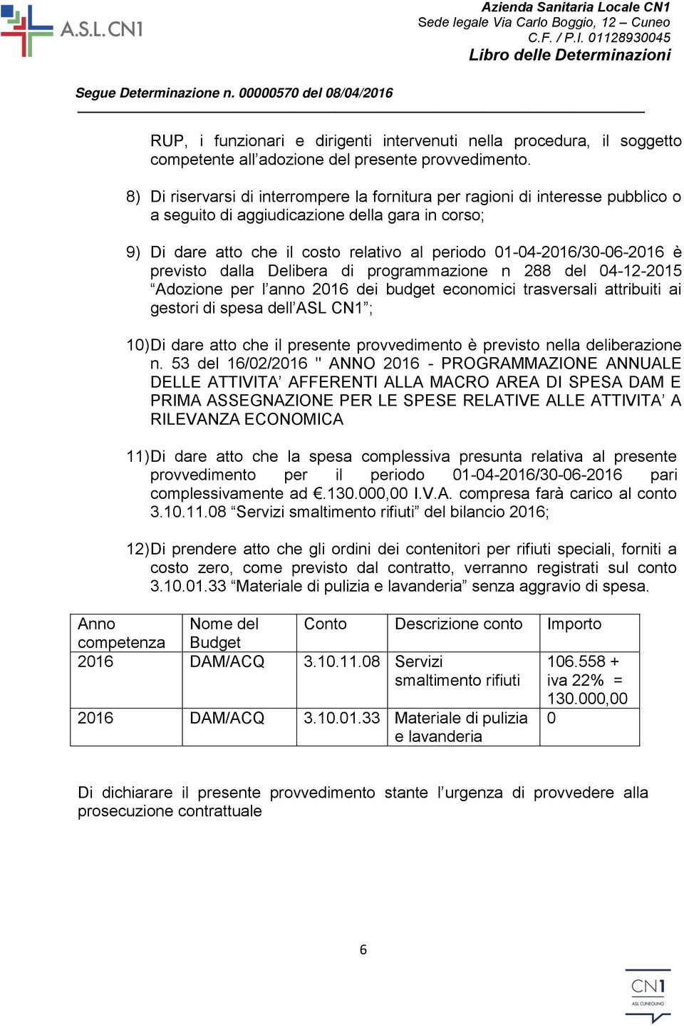 01-04-2016/30-06-2016 è previsto dalla Delibera di programmazione n 288 del 04-12-2015 Adozione per l anno 2016 dei budget economici trasversali attribuiti ai gestori di spesa dell ASL CN1 ; 10) Di