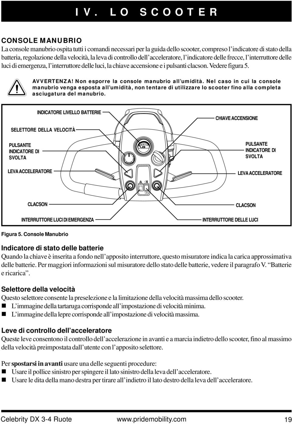 Non esporre la console manubrio all umidità. Nel caso in cui la console manubrio venga esposta all umidità, non tentare di utilizzare lo scooter fino alla completa asciugatura del manubrio.