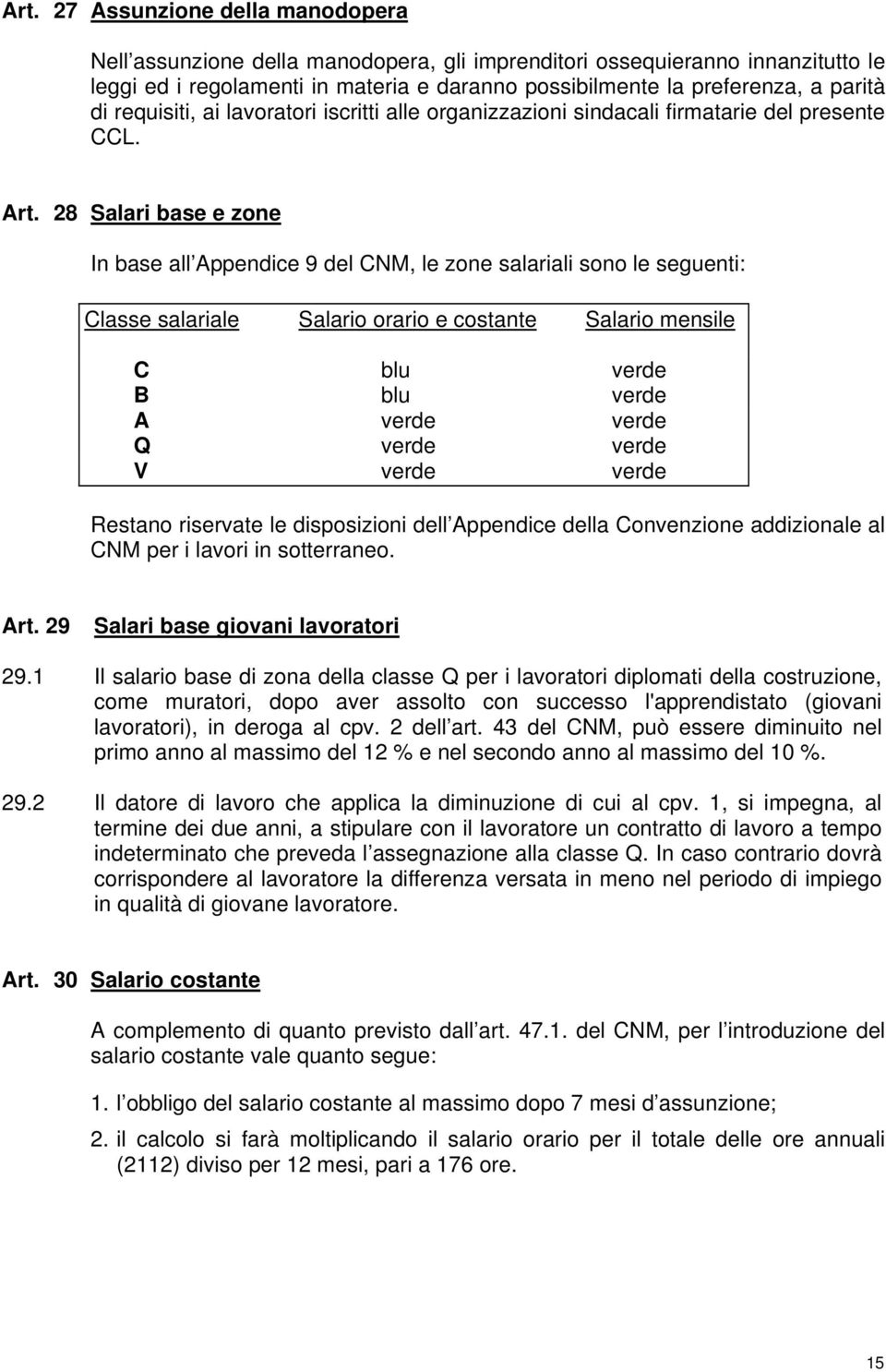 28 Salari base e zone In base all Appendice 9 del CNM, le zone salariali sono le seguenti: Classe salariale Salario orario e costante Salario mensile C blu verde B blu verde A verde verde Q verde