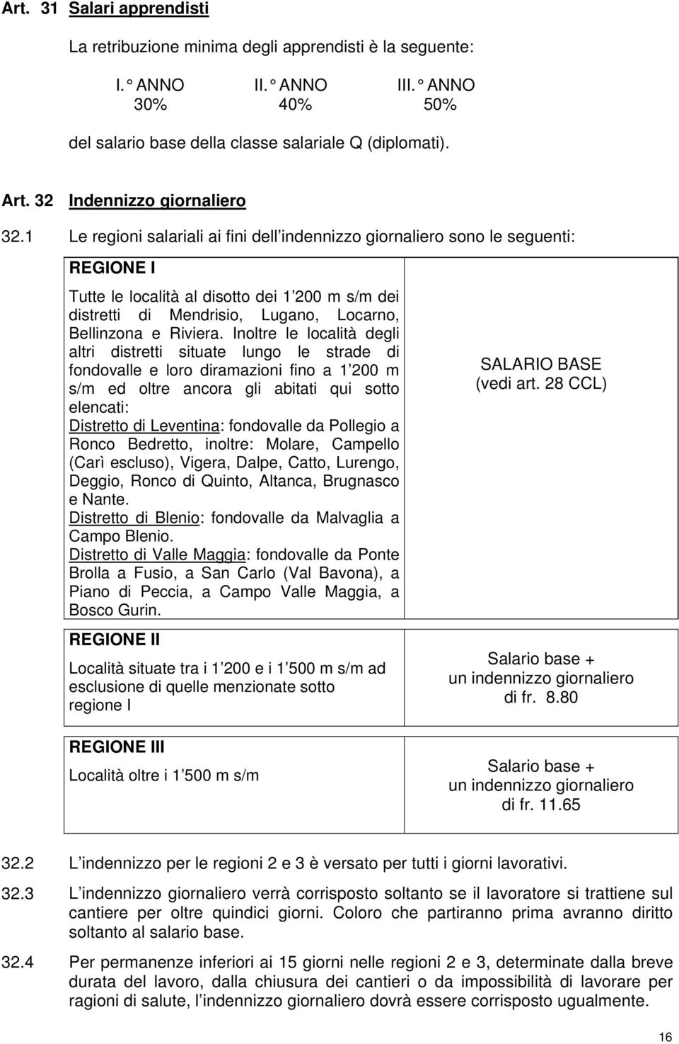 1 Le regioni salariali ai fini dell indennizzo giornaliero sono le seguenti: REGIONE I Tutte le località al disotto dei 1 200 m s/m dei distretti di Mendrisio, Lugano, Locarno, Bellinzona e Riviera.