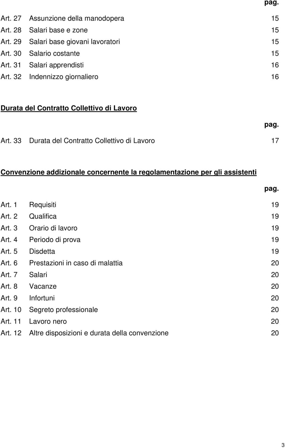 33 Durata del Contratto Collettivo di Lavoro 17 Convenzione addizionale concernente la regolamentazione per gli assistenti pag. Art. 1 Requisiti 19 Art. 2 Qualifica 19 Art.