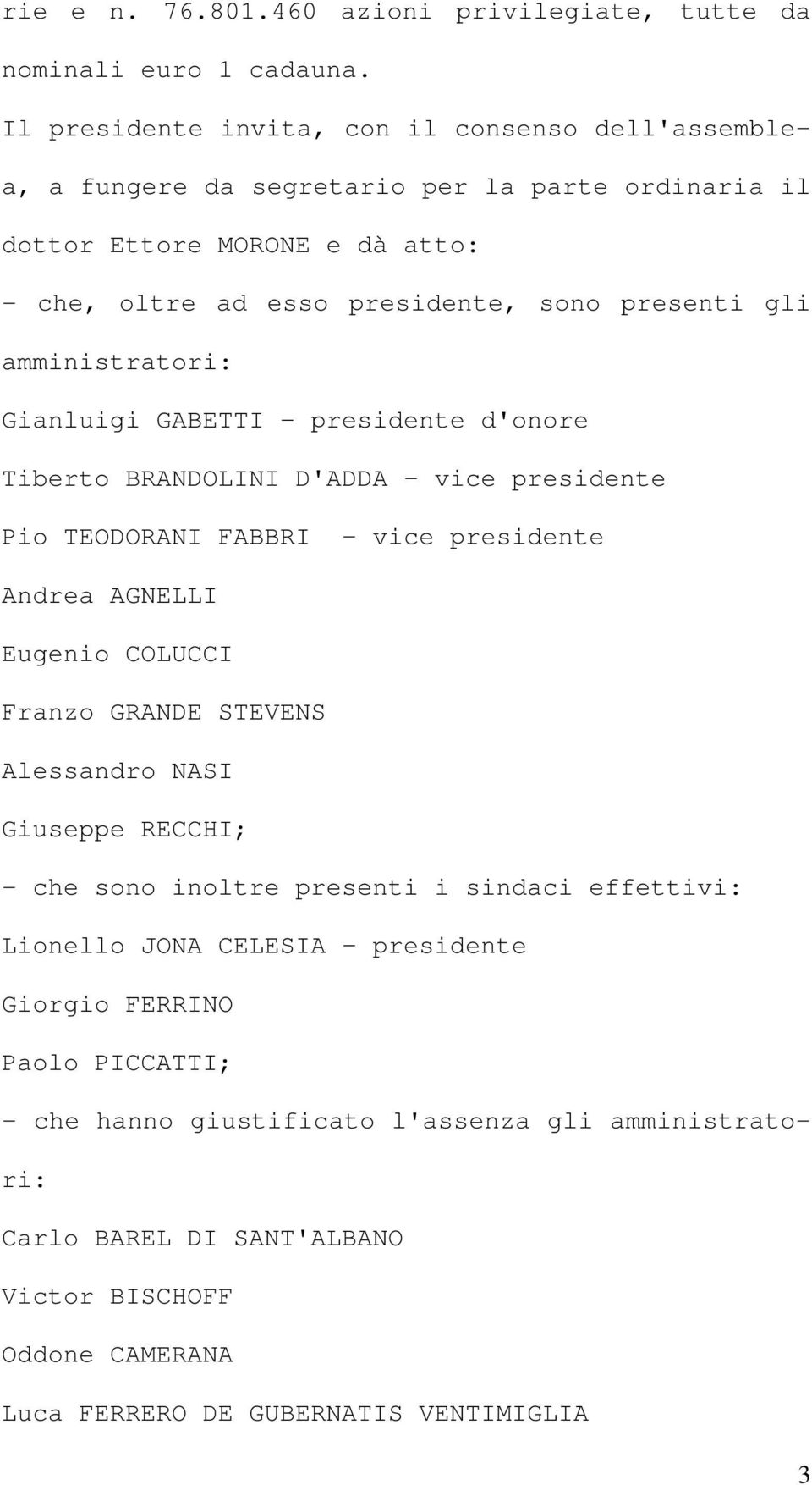 amministratori: Gianluigi GABETTI presidente d'onore Tiberto BRANDOLINI D'ADDA vice presidente Pio TEODORANI FABBRI - vice presidente Andrea AGNELLI Eugenio COLUCCI Franzo GRANDE STEVENS