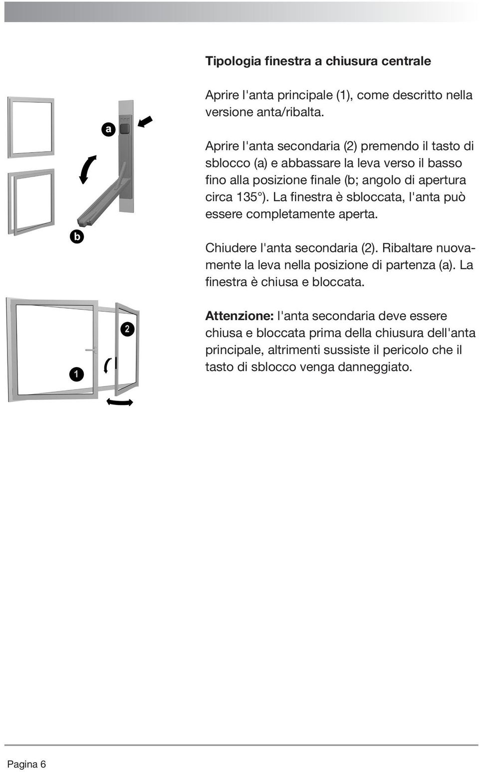 La finestra è sbloccata, l'anta può essere completamente aperta. Chiudere l'anta secondaria (2). Ribaltare nuovamente la leva nella posizione di partenza (a).