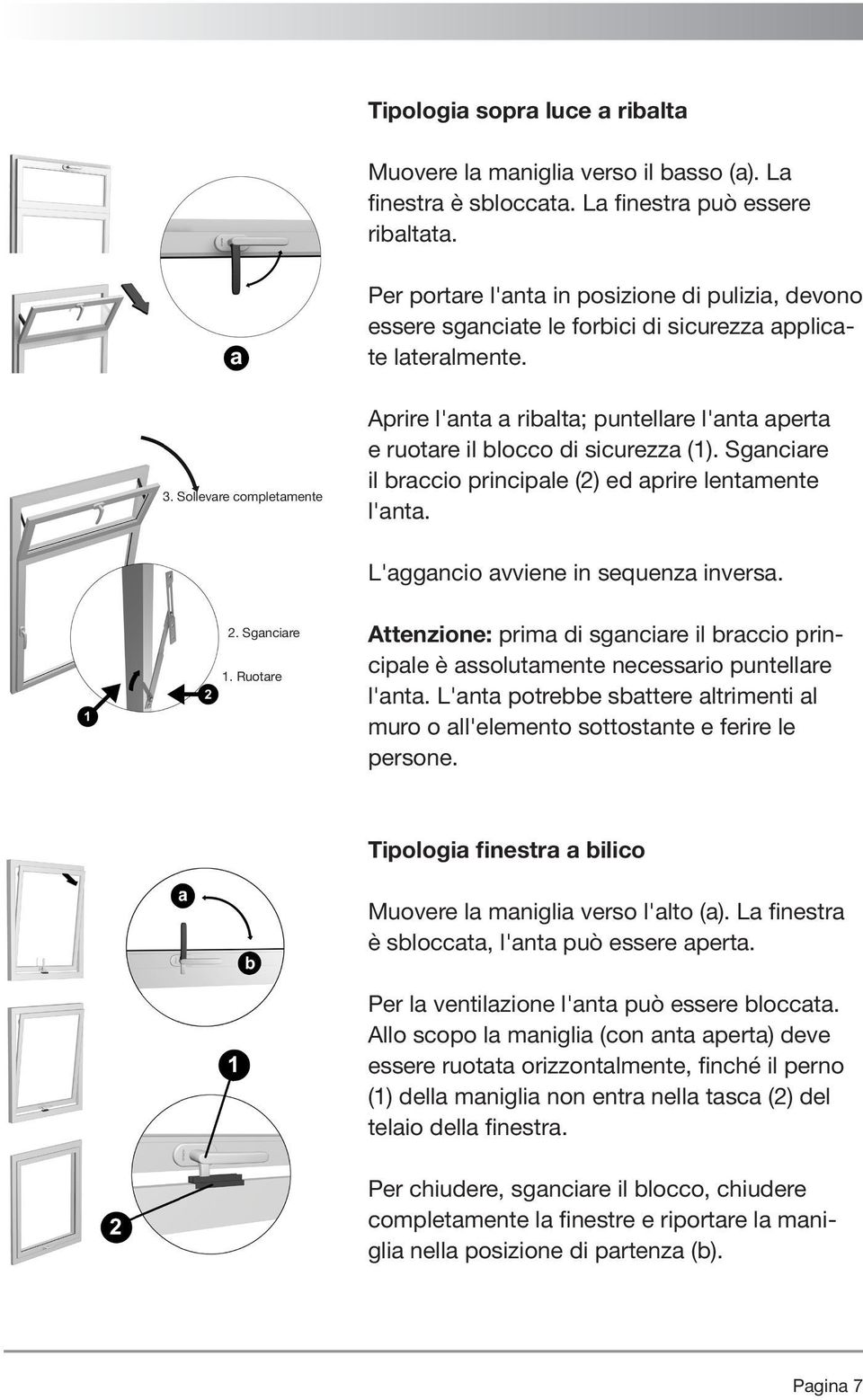 Sollevare completamente Aprire l'anta a ribalta; puntellare l'anta aperta e ruotare il blocco di sicurezza (1). Sganciare il braccio principale (2) ed aprire lentamente l'anta.