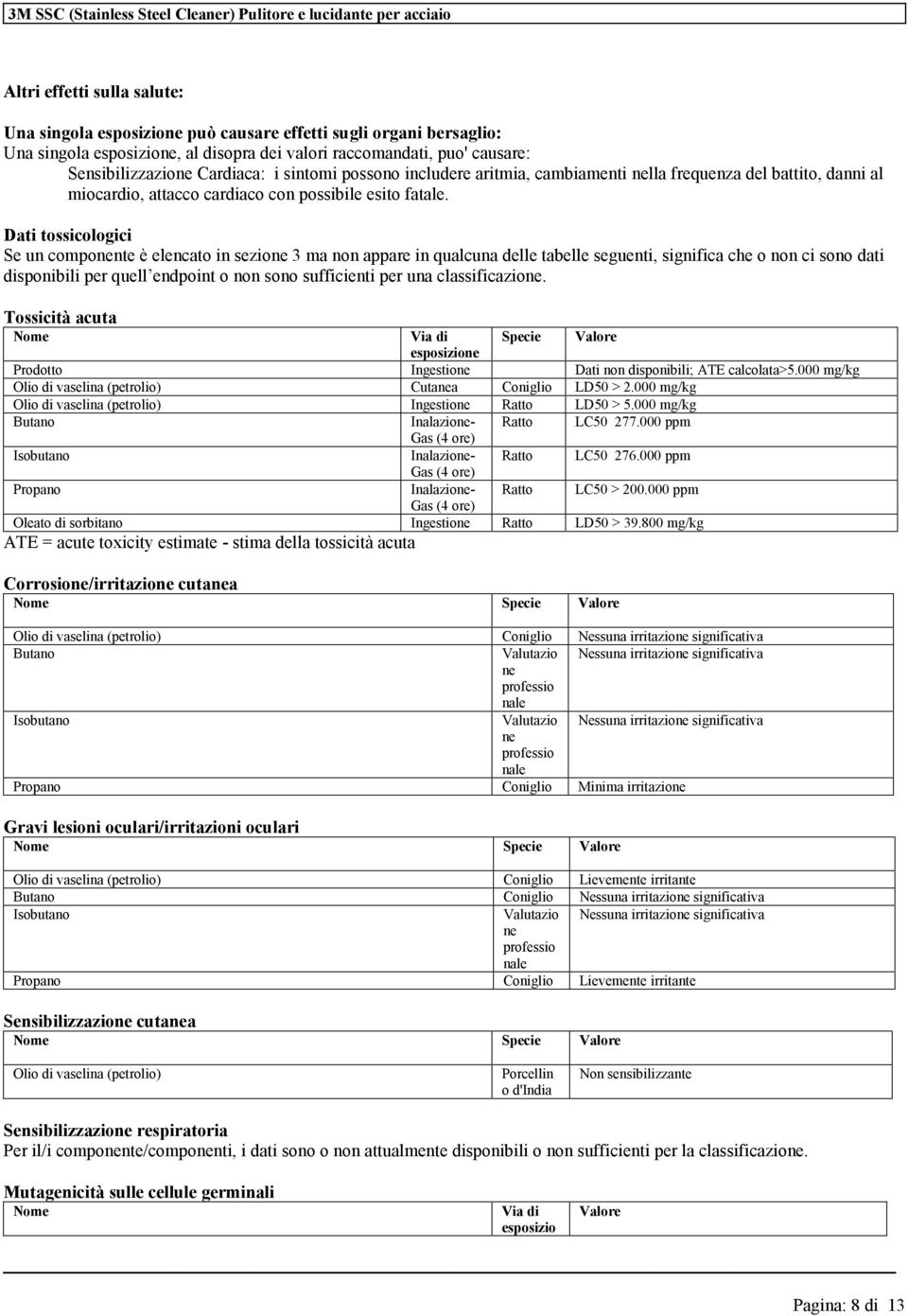 Dati tossicologici S un componnt è lncato in szion 3 ma non appar in qualcuna dll tabll sgunti, significa ch o non ci sono dati disponibili pr qull ndpoint o non sono sufficinti pr una classificazion.