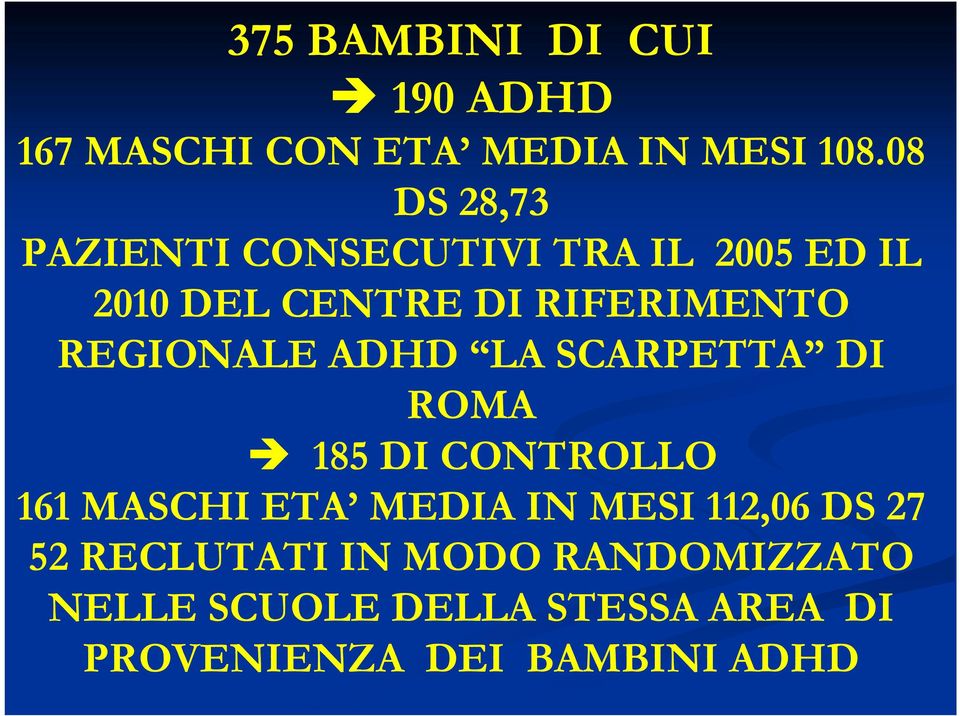 REGIONALE ADHD LA SCARPETTA DI ROMA 185 DI CONTROLLO 161 MASCHI ETA MEDIA IN MESI