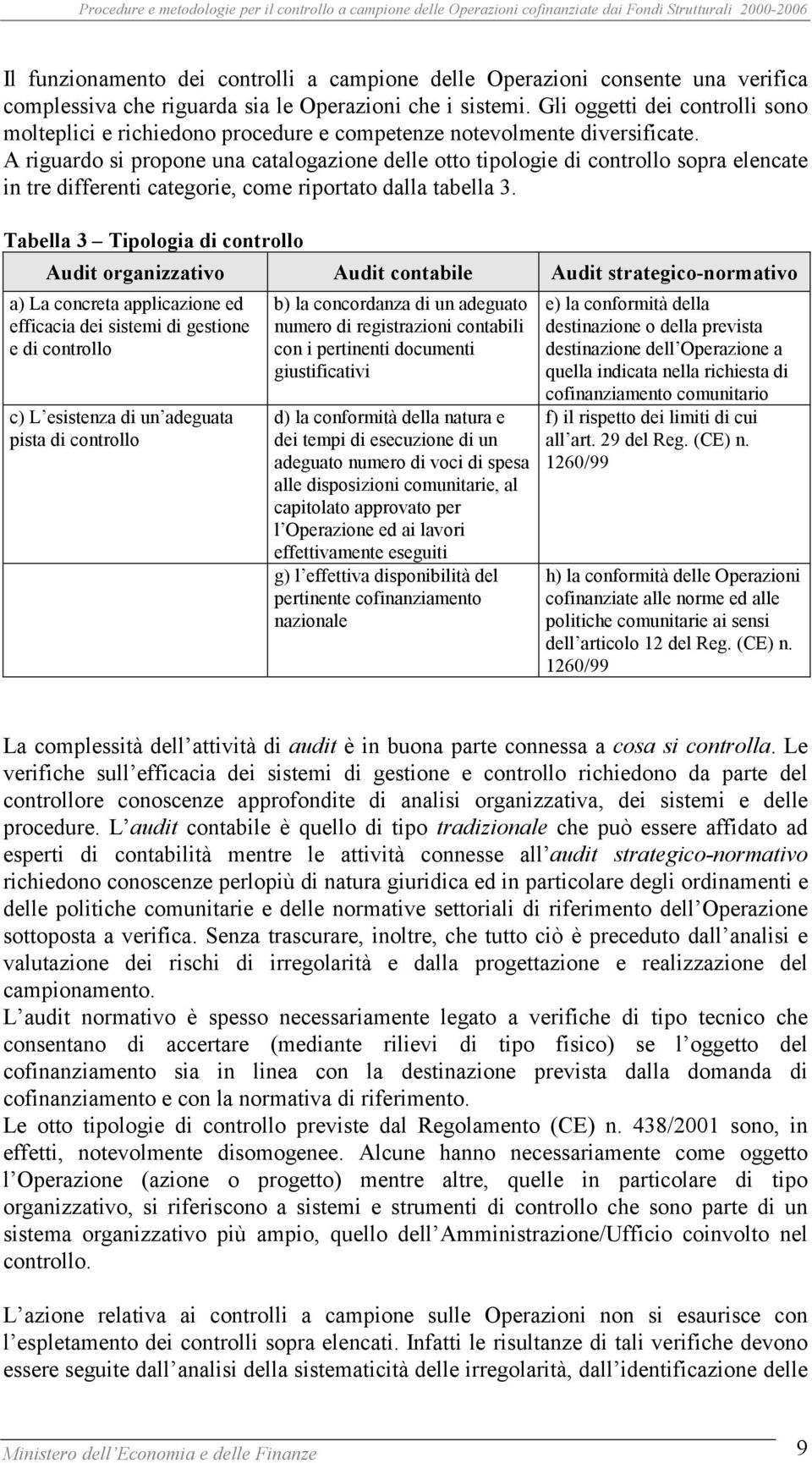 A riguardo si propone una catalogazione delle otto tipologie di controllo sopra elencate in tre differenti categorie, come riportato dalla tabella 3.