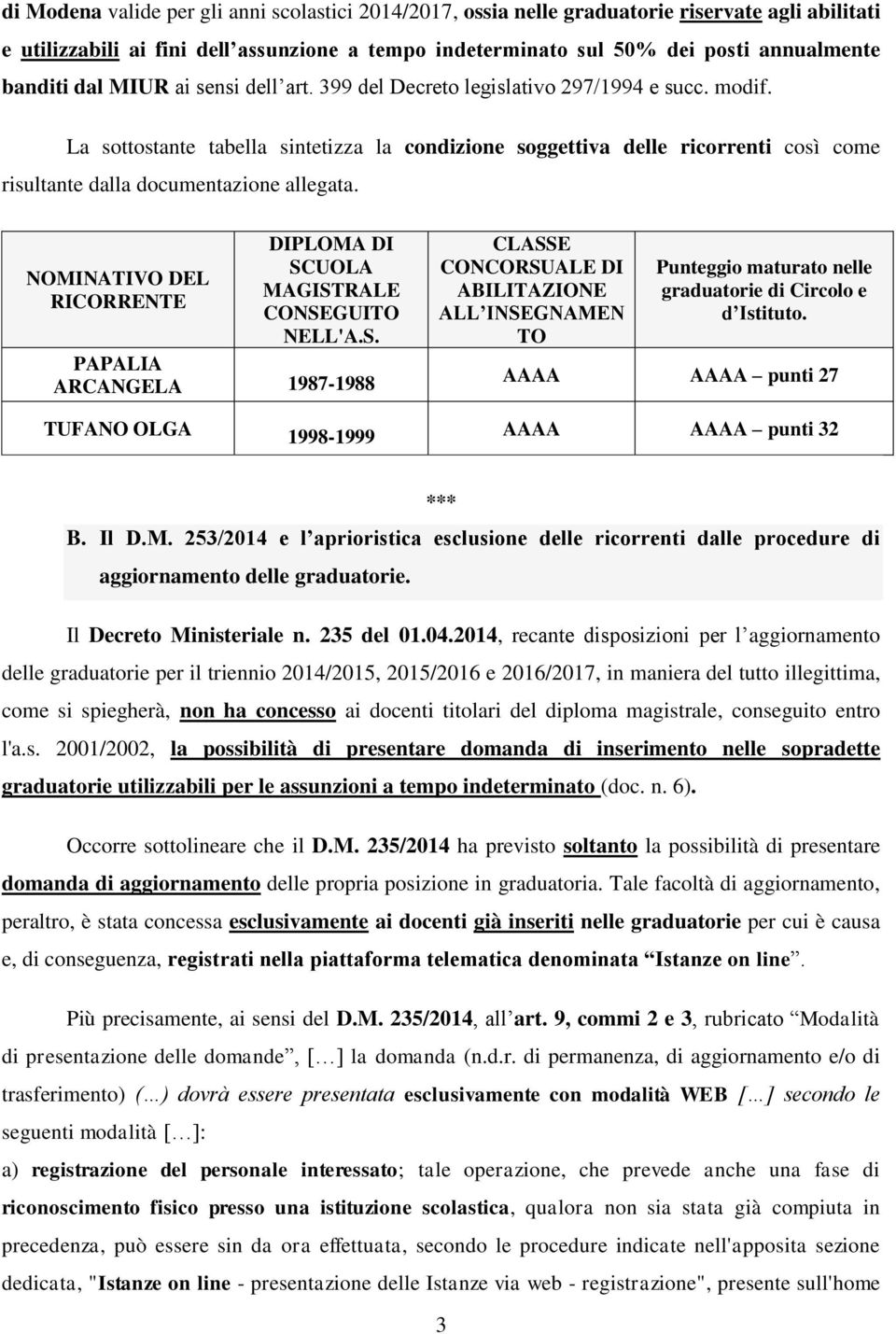 La sottostante tabella sintetizza la condizione soggettiva delle ricorrenti così come risultante dalla documentazione allegata.