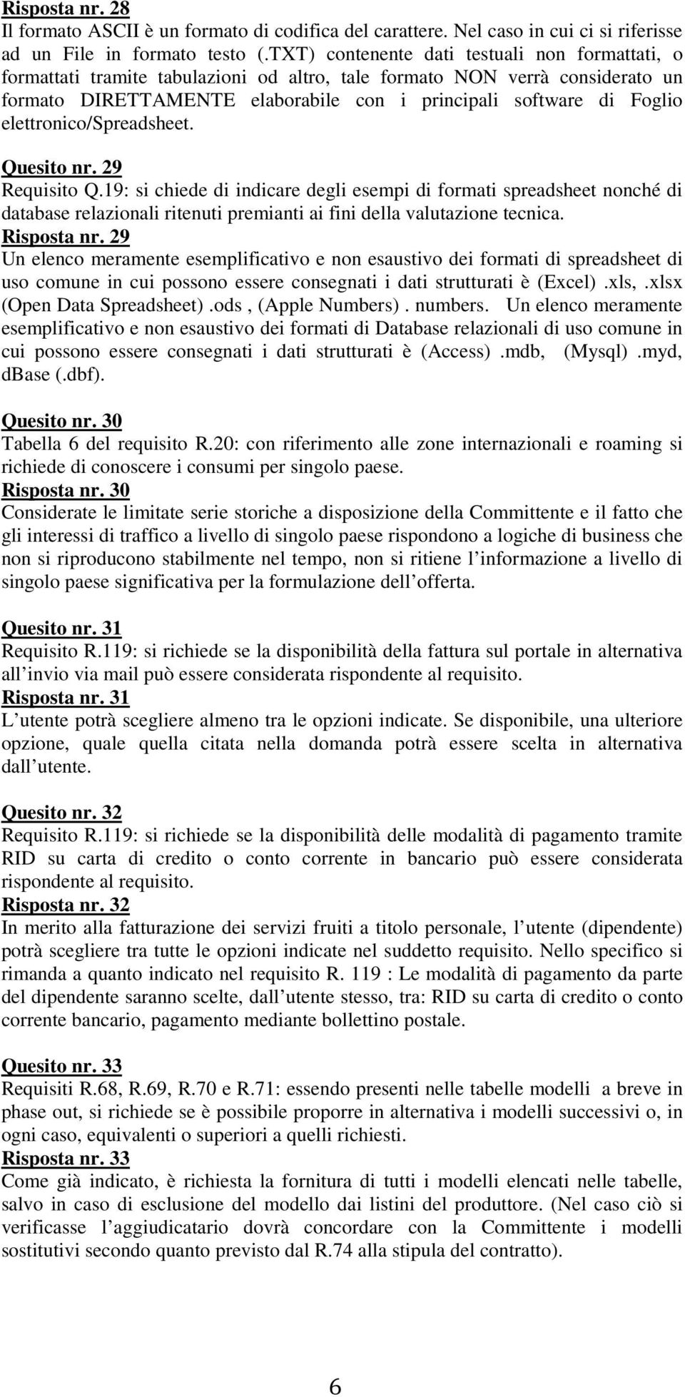 elettronico/spreadsheet. Quesito nr. 29 Requisito Q.19: si chiede di indicare degli esempi di formati spreadsheet nonché di database relazionali ritenuti premianti ai fini della valutazione tecnica.