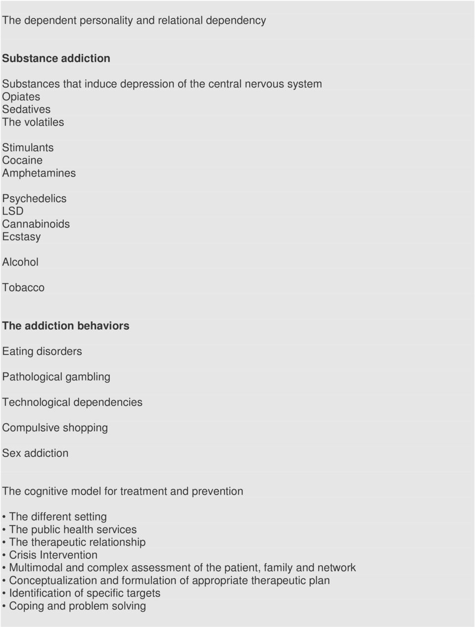 Compulsive shopping The cognitive model for treatment and prevention The different setting The public health services The therapeutic relationship Crisis Intervention