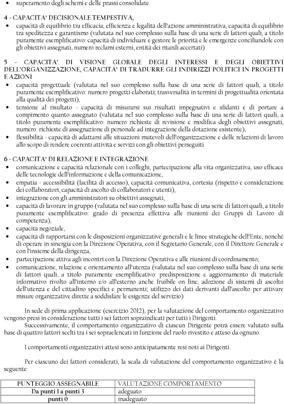 conciliandole con gli obiettivi assegnati, numero reclami esterni, entità dei ritardi accertati) 5 - CAPACITA DI VISIONE GLOBALE DEGLI INTERESSI E DEGLI OBIETTIVI DELL ORGANIZZAZIONE, CAPACITA DI