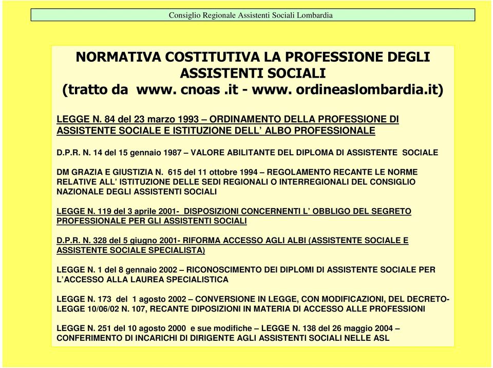 615 del 11 ottobre 1994 REGOLAMENTO RECANTE LE NORME RELATIVE ALL ISTITUZIONE DELLE SEDI REGIONALI O INTERREGIONALI DEL CONSIGLIO NAZIONALE DEGLI ASSISTENTI SOCIALI LEGGE N.