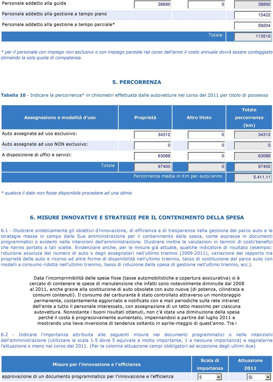 PERCORRENZA Tabella 10 Indicare la percorrenza* in chilometri effettuata dalle autovetture nel corso del 2011 per titolo di possesso Assegnazione e modalità d'uso Proprietà Altro titolo percorrenza