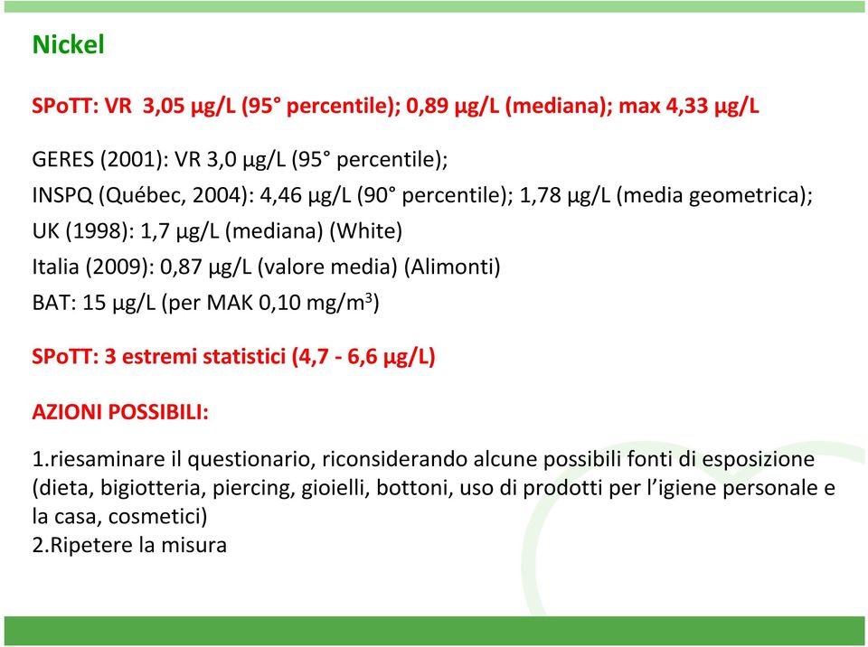 µg/l (per MAK 0,10 mg/m 3 ) SPoTT: 3 estremi statistici (4,7-6,6 μg/l) AZIONI POSSIBILI: 1.