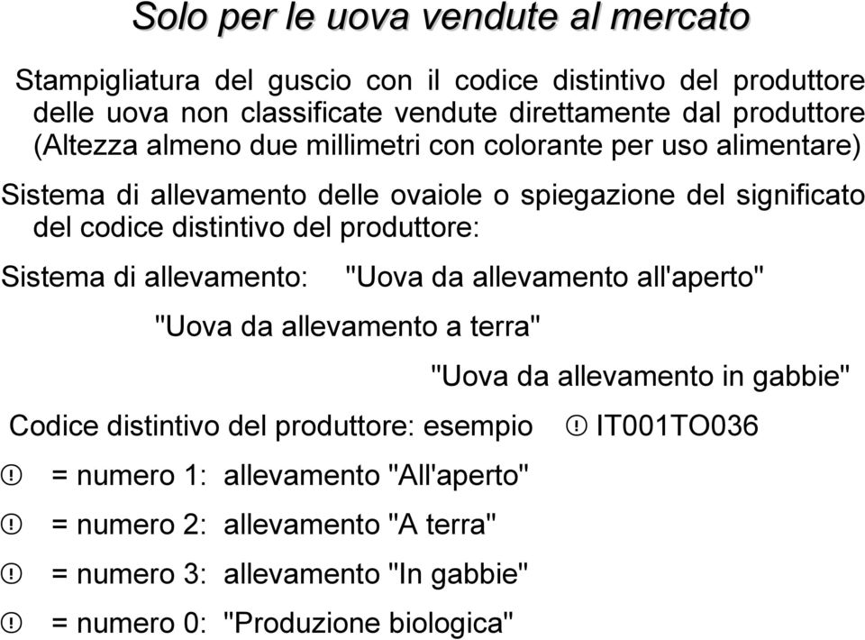 distintivo del produttore: Sistema di allevamento: "Uova da allevamento all'aperto" "Uova da allevamento a terra" Codice distintivo del produttore: esempio =