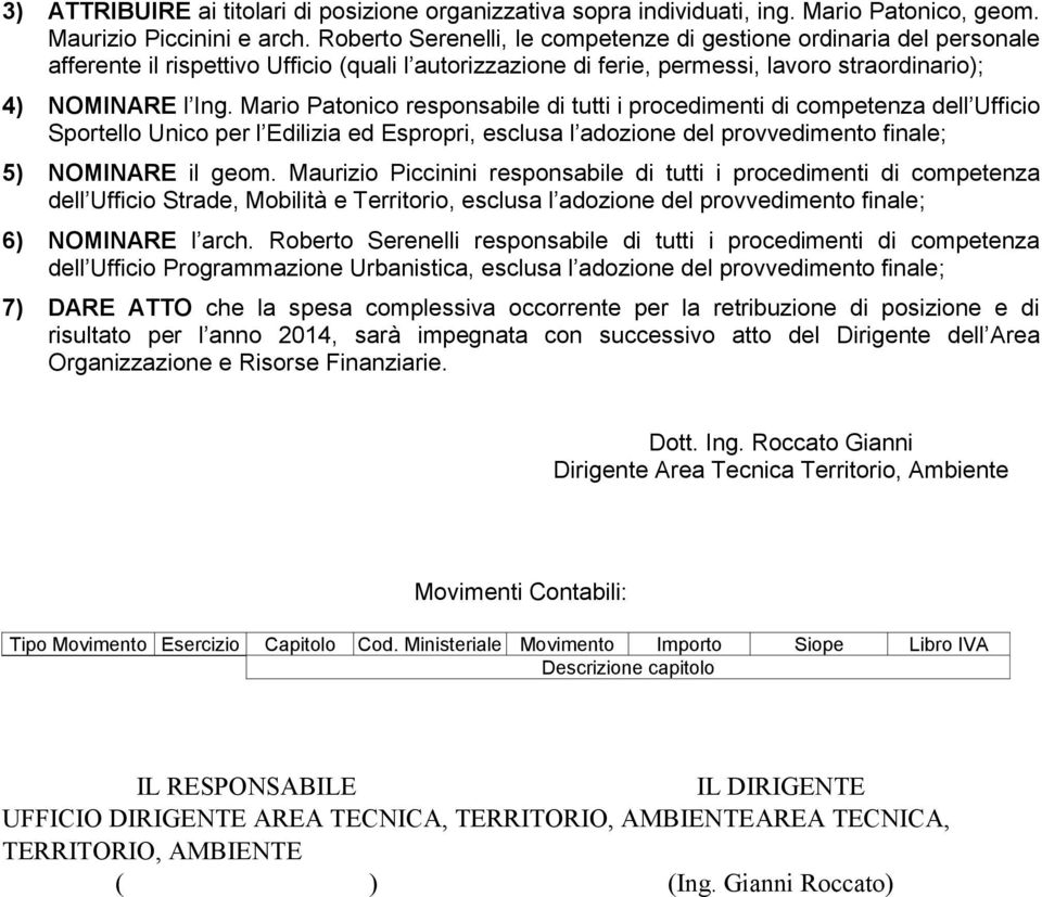 Mario Patonico responsabile di tutti i procedimenti di competenza dell Ufficio Sportello Unico per l Edilizia ed Espropri, esclusa l adozione del provvedimento finale; 5) NOMINARE il geom.