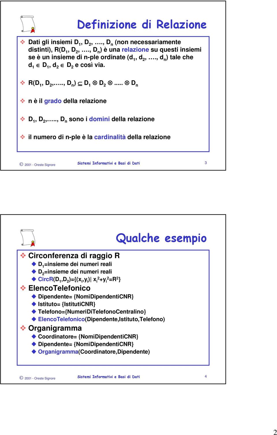 ., D n sono i domini della relazione il numero di n-ple è la cardinalità della relazione 2001 - Oreste Signore 3 Circonferenza di raggio R D 1 =insieme dei numeri reali D 2 =insieme dei numeri reali