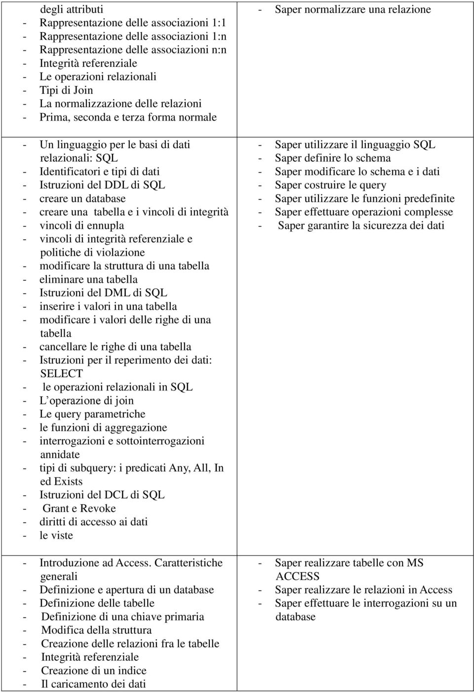 SQL - creare un database - creare una tabella e i vincoli di integrità - vincoli di ennupla - vincoli di integrità referenziale e politiche di violazione - modificare la struttura di una tabella -