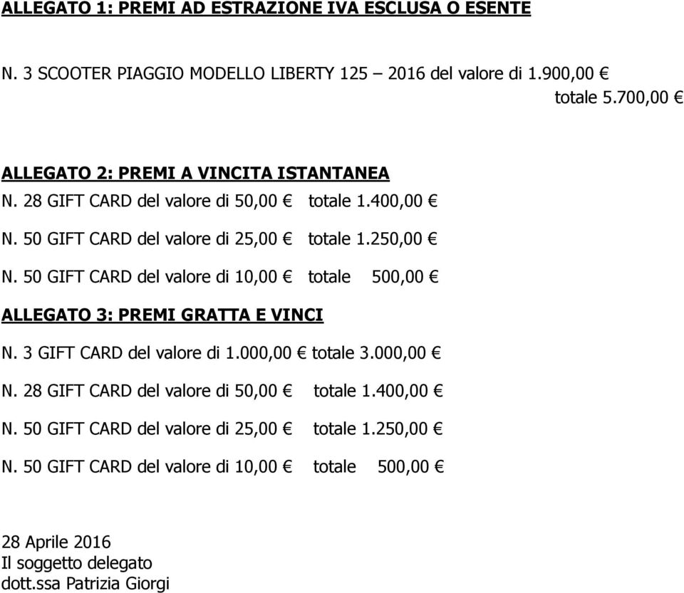 50 GIFT CARD del valore di 10,00 totale 500,00 ALLEGATO 3: PREMI GRATTA E VINCI N. 3 GIFT CARD del valore di 1.000,00 totale 3.000,00 N.