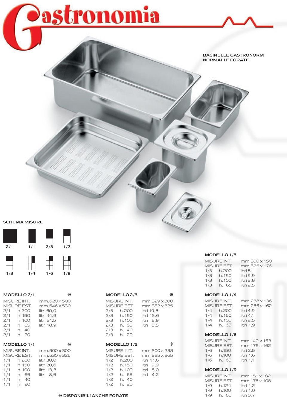 65 litri 8,5 1/1 h. 40 1/1 h. 20 MODELLO 2/3 MISURE INT. mm.329 x 300 MISURE EST. mm.352 x 325 2/3 h.200 litri 19,3 2/3 h.150 litri 13,6 2/3 h.100 litri 8,9 2/3 h. 65 litri 5,5 2/3 h. 40 2/3 h.