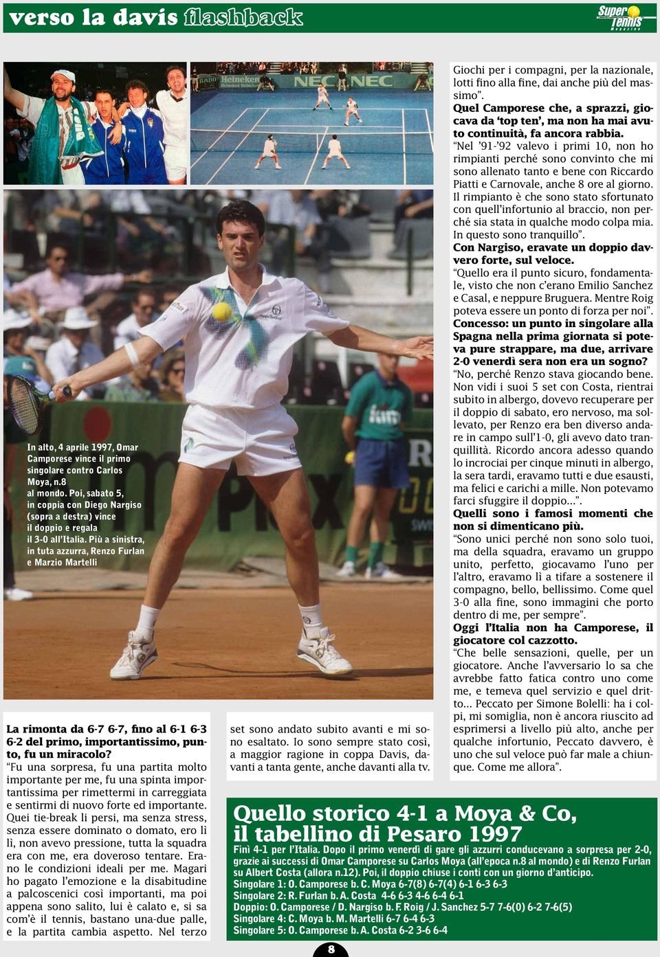 Più a sinistra, in tuta azzurra, Renzo Furlan e Marzio Martelli La rimonta da 6-7 6-7, fino al 6-1 6-3 6-2 del primo, importantissimo, punto, fu un miracolo?