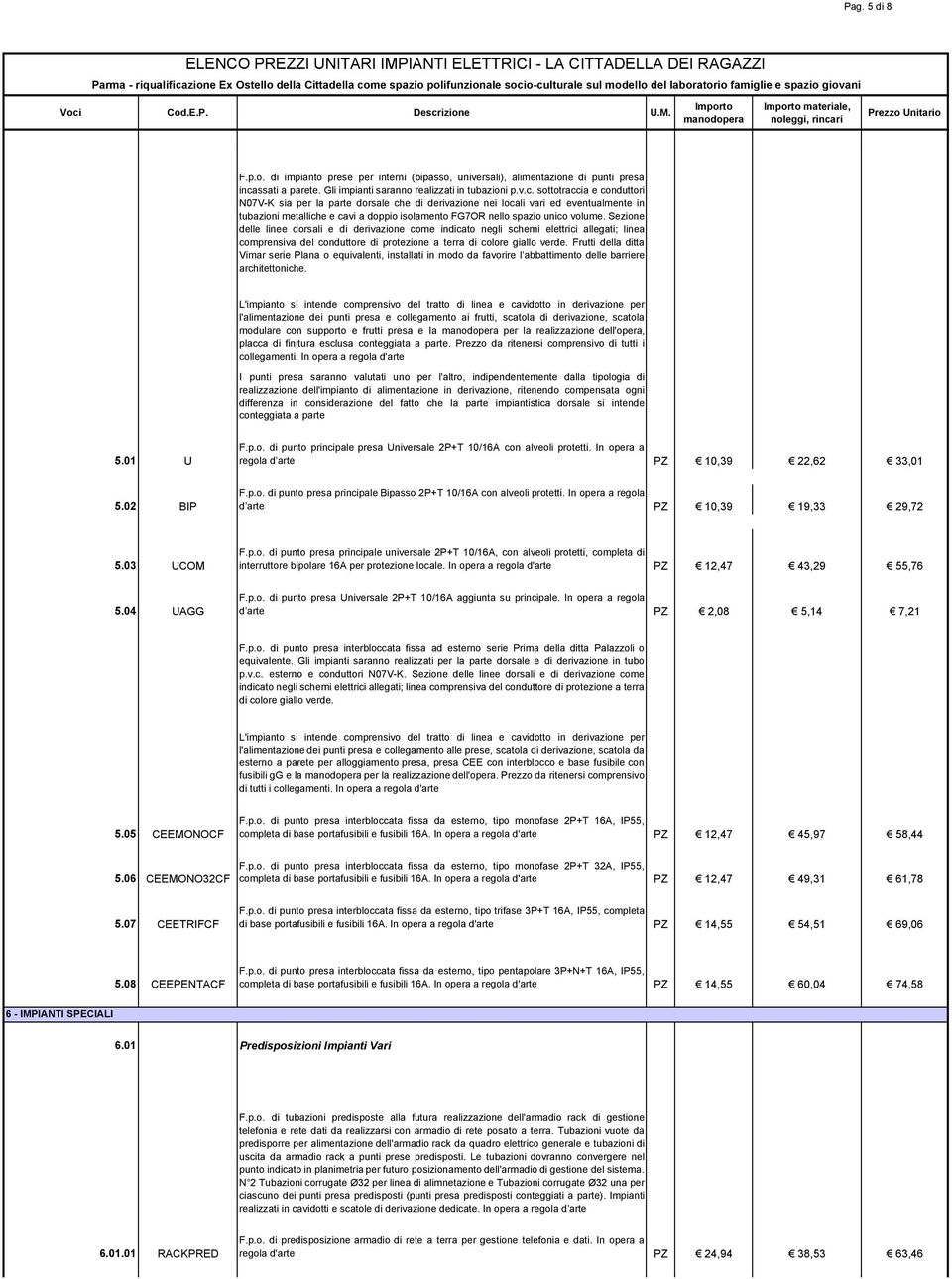 sottotraccia e conduttori N07V-K sia per la parte dorsale che di derivazione nei locali vari ed eventualmente in tubazioni metalliche e cavi a doppio isolamento FG7OR nello spazio unico volume.