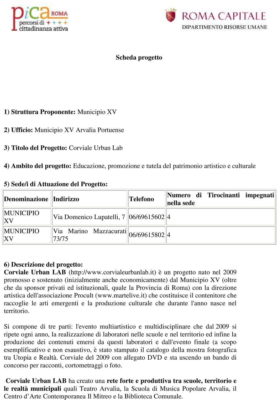 4 Numero di Tirocinanti impegnati nella sede 6) Descrizione del progetto: Corviale Urban LAB (http://www.corvialeurbanlab.