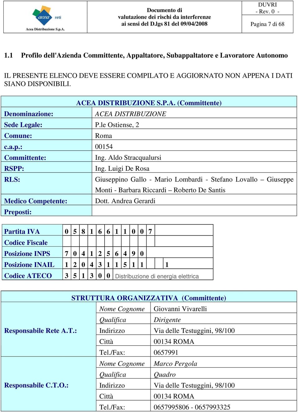 Denominazione: ACEA DISTRIBUZIONE S.P.A. (Committente) ACEA DISTRIBUZIONE Sede Legale: P.le Ostiense, 2 Comune: Roma c.a.p.: 00154 Committente: RSPP: RLS: Medico Competente: Preposti: Ing.