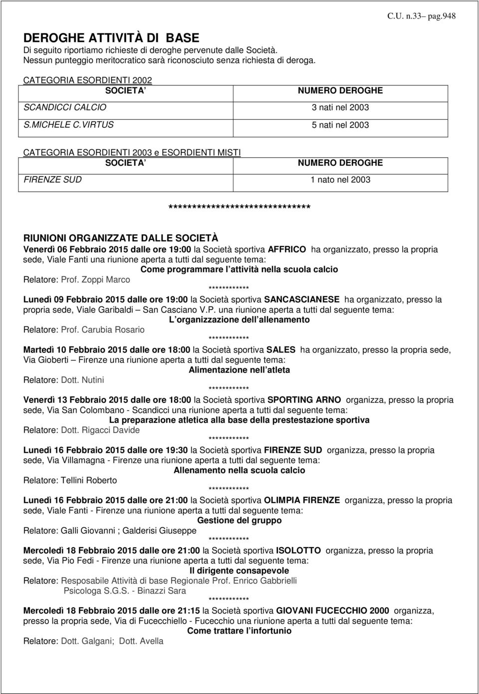 VIRTUS 5 nati nel 2003 CATEGORIA ESORDIENTI 2003 e ESORDIENTI MISTI SOCIETA NUMERO DEROGHE FIRENZE SUD 1 nato nel 2003 ****************************** RIUNIONI ORGANIZZATE DALLE SOCIETÀ Venerdì 06