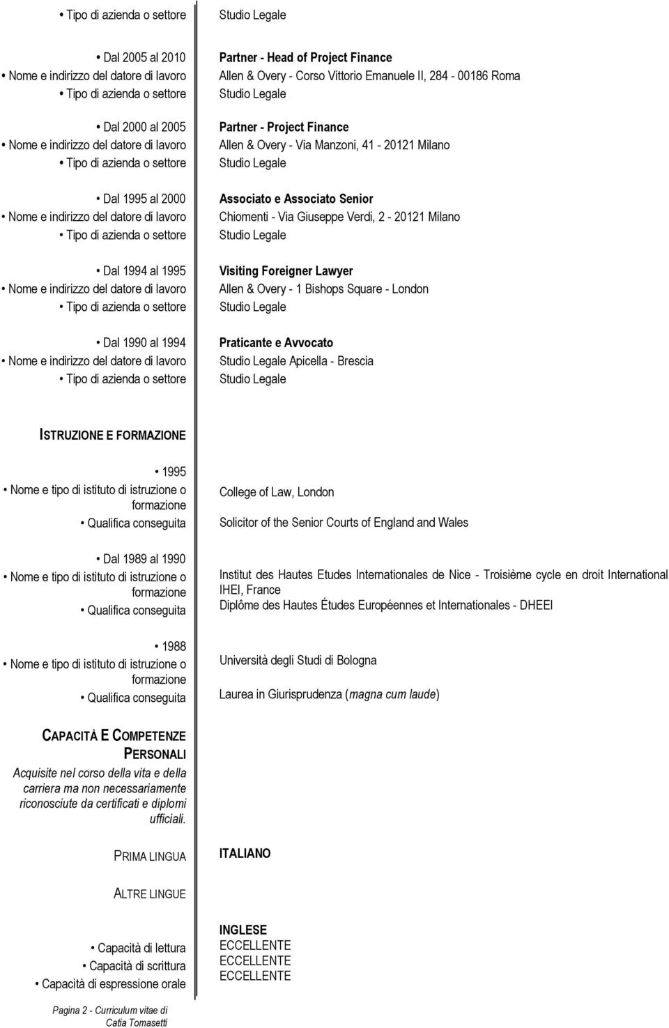 Praticante e Avvocato Apicella - Brescia ISTRUZIONE E FORMAZIONE 1995 Dal 1989 al 1990 1988 College of Law, London Solicitor of the Senior Courts of England and Wales Institut des Hautes Etudes