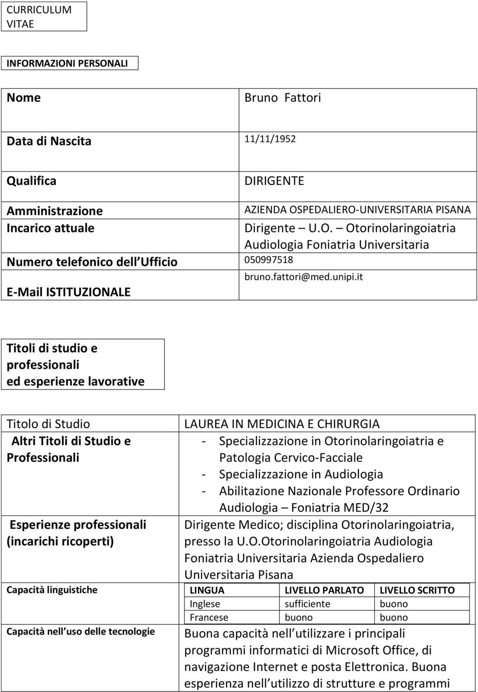 it Titoli di studio e professionali ed esperienze lavorative Titolo di Studio LAUREA IN MEDICINA E CHIRURGIA Altri Titoli di Studio e Professionali - Specializzazione in Otorinolaringoiatria e