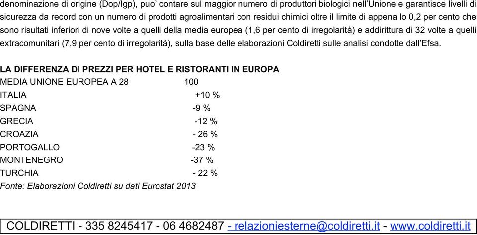 extracomunitari (7,9 per cento di irregolarità), sulla base delle elaborazioni Coldiretti sulle analisi condotte dall Efsa.