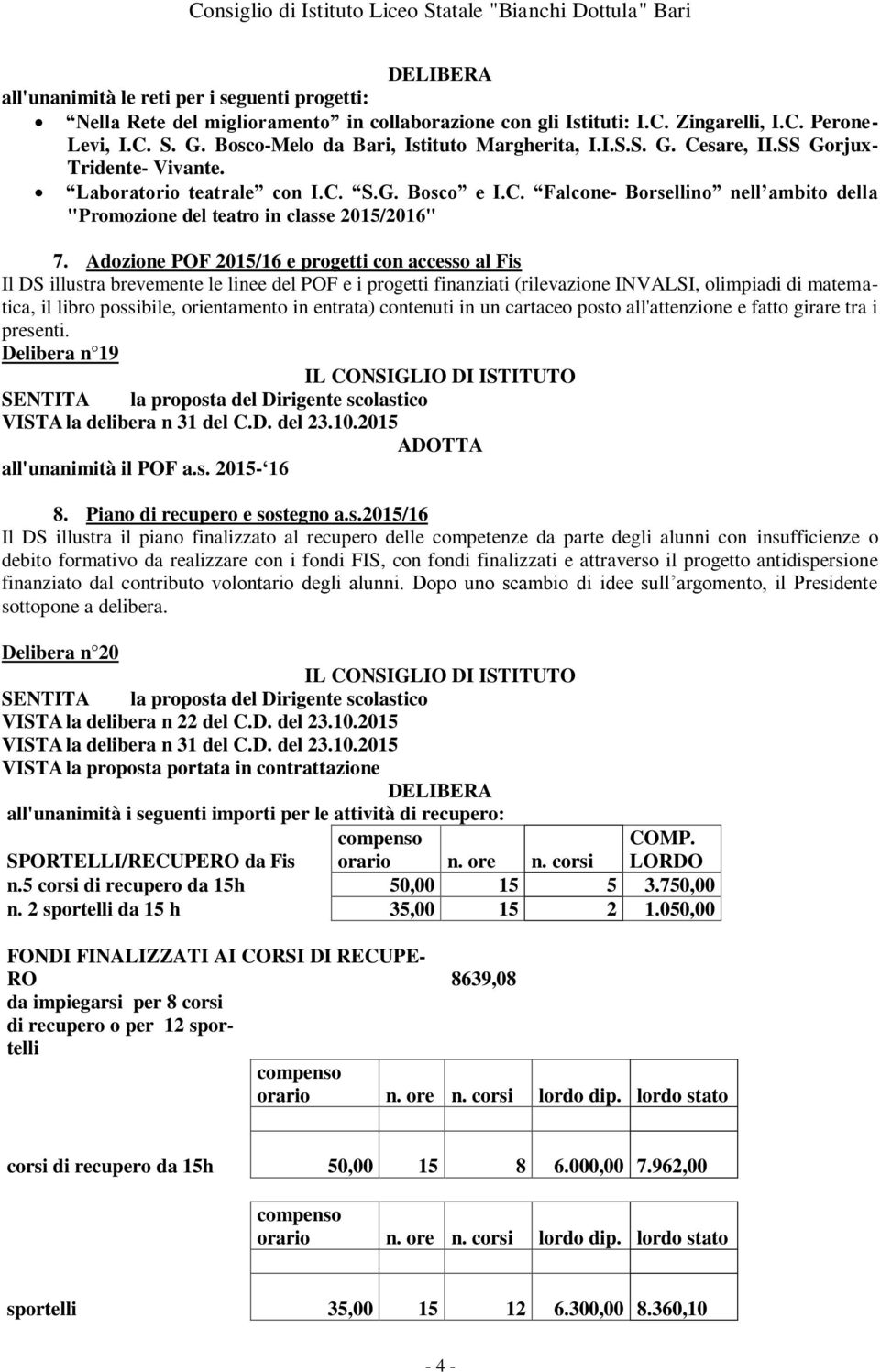 Adozione POF 2015/16 e progetti con accesso al Fis Il DS illustra brevemente le linee del POF e i progetti finanziati (rilevazione INVALSI, olimpiadi di matematica, il libro possibile, orientamento