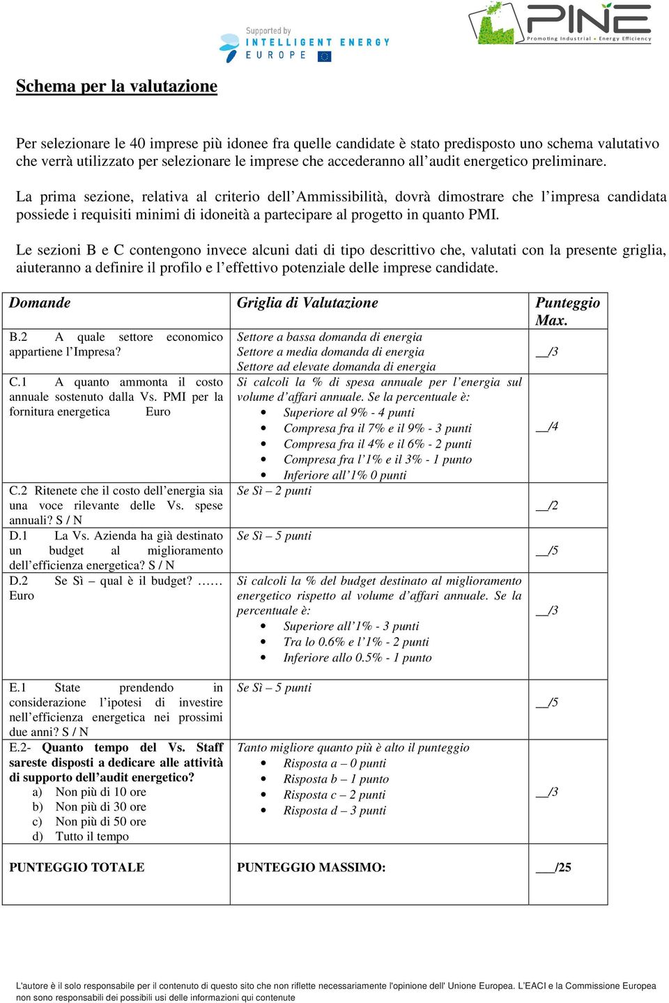 La prima sezione, relativa al criterio dell Ammissibilità, dovrà dimostrare che l impresa candidata possiede i requisiti minimi di idoneità a partecipare al progetto in quanto PMI.