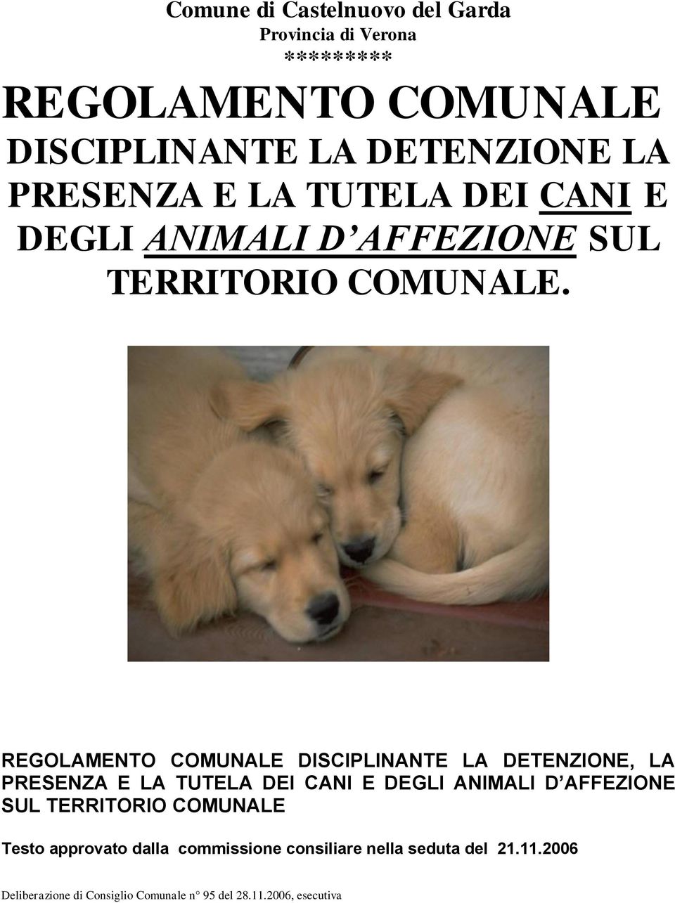 REGOLAMENTO COMUNALE DISCIPLINANTE LA DETENZIONE, LA PRESENZA E LA TUTELA DEI CANI E DEGLI ANIMALI D