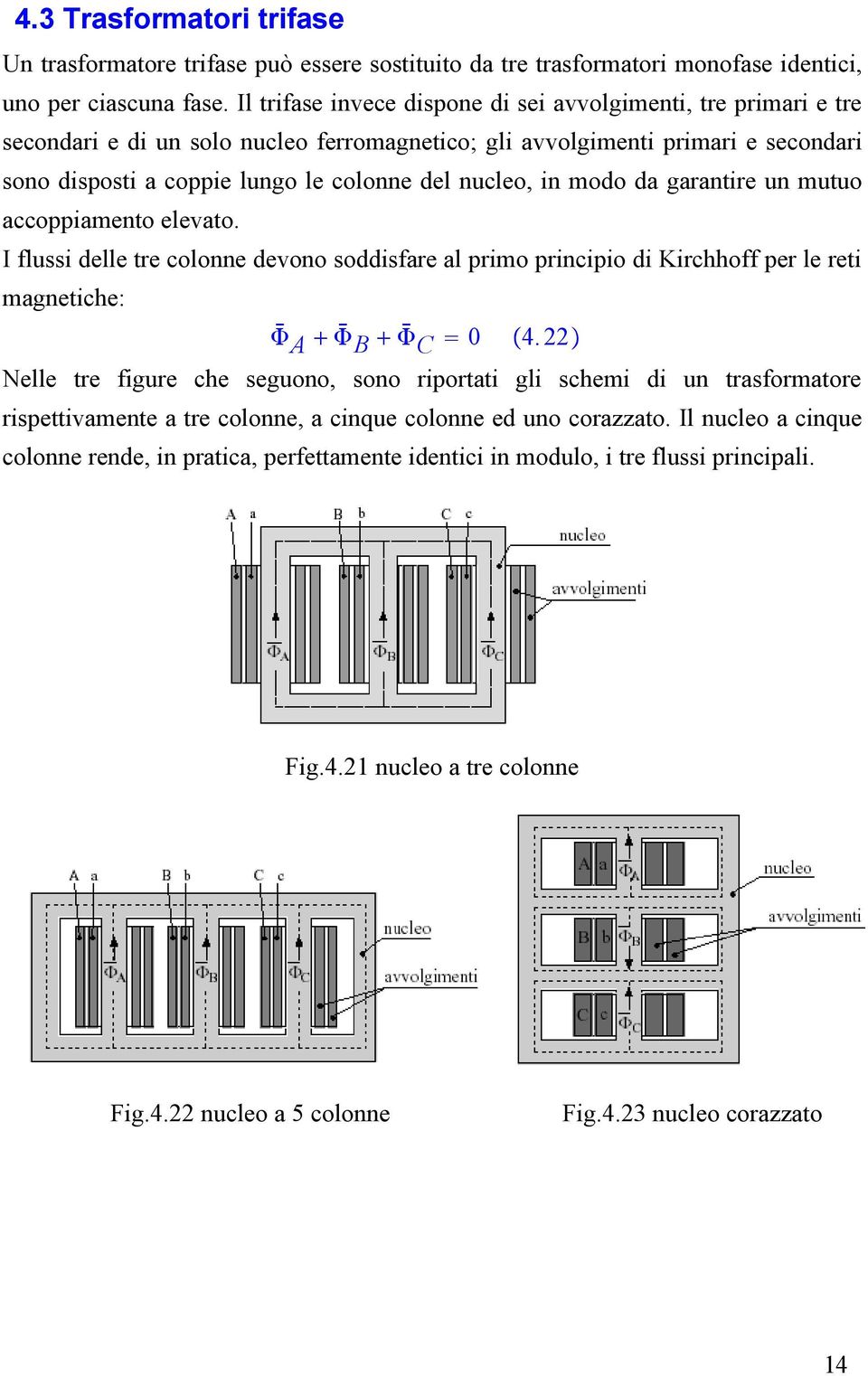 in modo da garantire un mutuo accoppiamento elevato. I flussi delle tre colonne devono soddisfare al primo principio di Kirchhoff per le reti magnetiche: A B C 0 4.