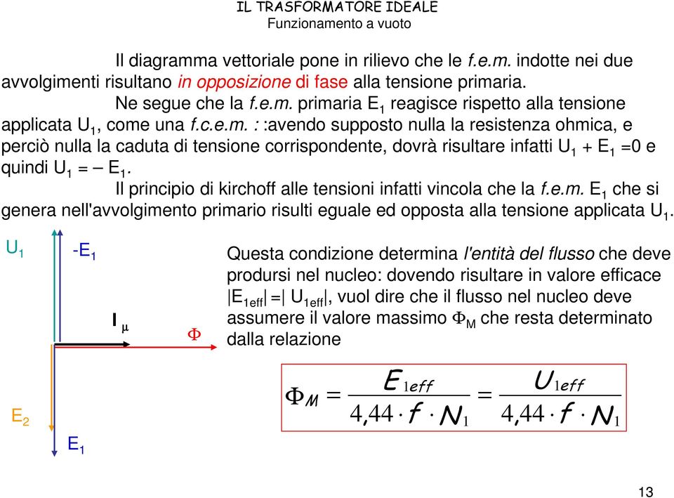 Il principio di kirchoff alle tensioni infatti vincola che la f.e.m. E che si genera nell'avvolgimento primario risulti eguale ed opposta alla tensione applicata U.