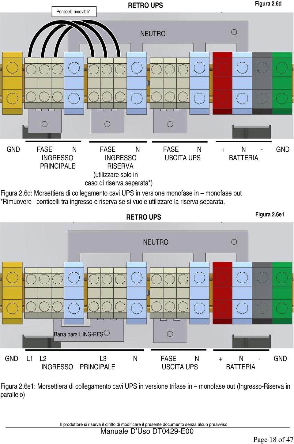 2.6d: Morsettiera di collegamento cavi UPS in versione monofase in monofase out *Rimuovere i ponticelli tra ingresso e riserva se si vuole utilizzare la