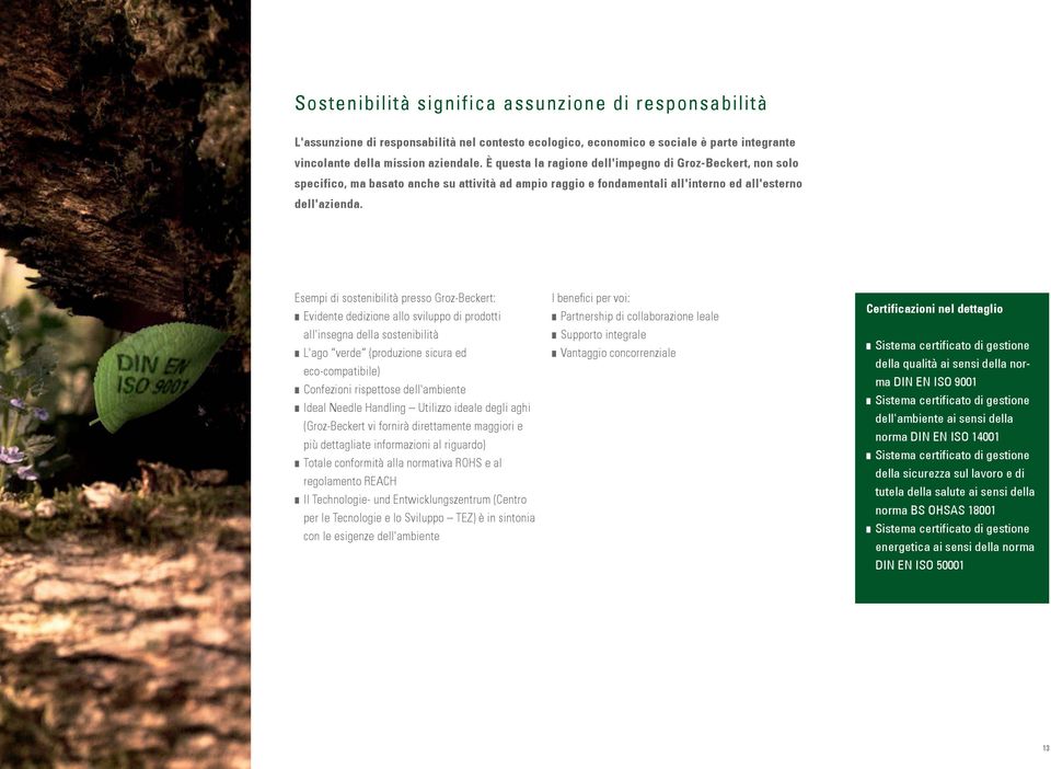 Esempi di sostenibilità presso Groz-Beckert: Evidente dedizione allo sviluppo di prodotti all'insegna della sostenibilità L'ago verde (produzione sicura ed eco-compatibile) Confezioni rispettose