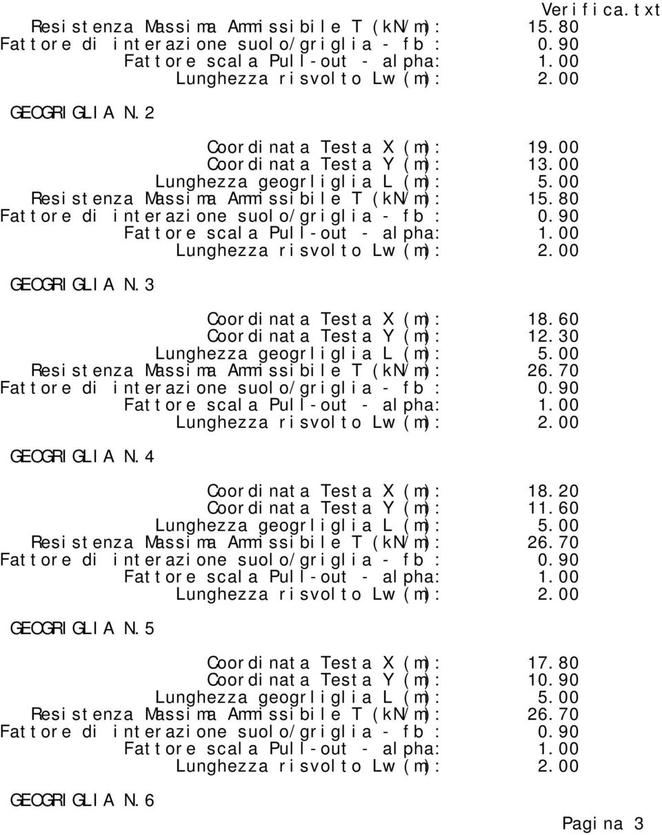 90 Fattore scala Pull-out - alpha: 1.00 Lunghezza risvolto Lw (m): 2.00 GEOGRIGLIA N.3 Coordinata Testa X (m): 18.60 Coordinata Testa Y (m): 12.30 Lunghezza geogrliglia L (m): 5.