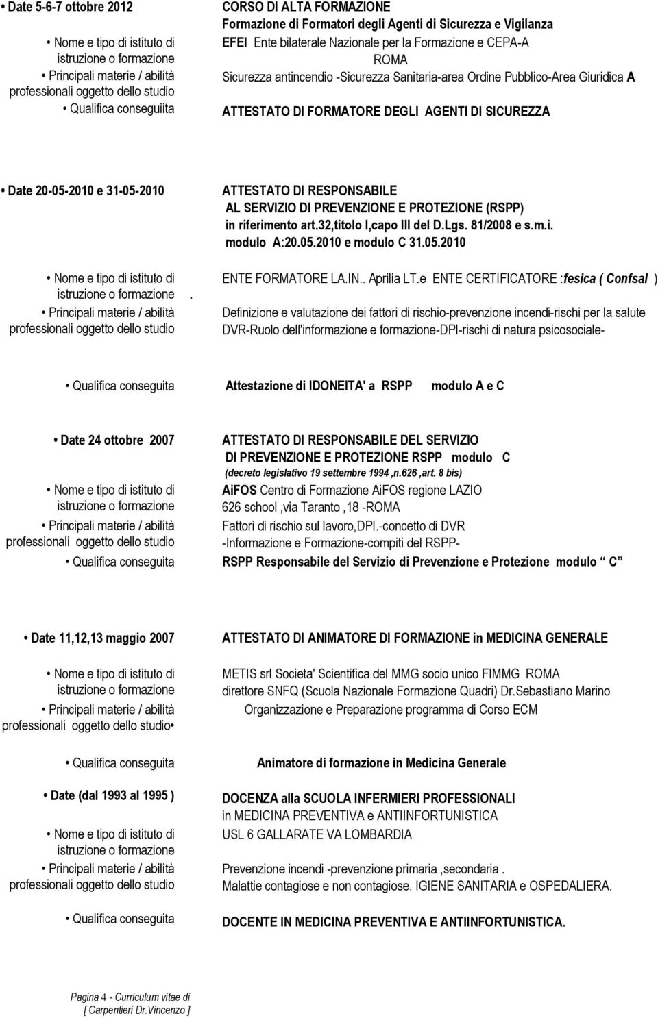 ATTESTATO DI RESPONSABILE AL SERVIZIO DI PREVENZIONE E PROTEZIONE (RSPP) in riferimento art.32,titolo I,capo III del D.Lgs. 81/2008 e s.m.i. modulo A:20.05.2010 e modulo C 31.05.2010 ENTE FORMATORE LA.