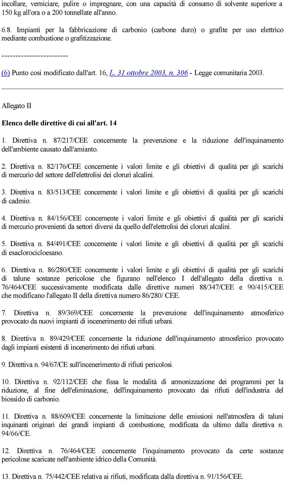 306 - Legge comunitaria 2003. Allegato II Elenco delle direttive di cui all'art. 14 1. Direttiva n.