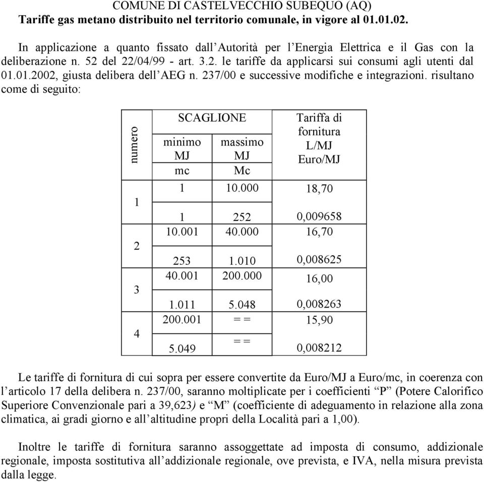 01.2002, giusta delibera dell AEG n. 237/00 e successive modifiche e integrazioni. risultano come di seguito: numero 1 2 3 4 SCAGLIONE minimo massimo mc Mc 1 10.000 1 252 10.001 40.000 253 1.010 40.