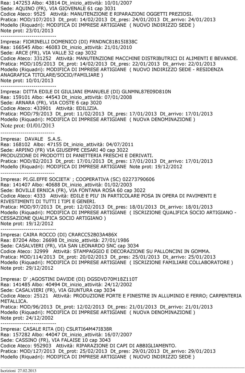 Dt_inizio_attività: 21/01/2010 Sede: ARCE (FR), VIA VALLE 32 cap 3032 Codice Ateco: 331252 Attività: MANUTENZIONE MACCHINE DISTRIBUTRICI DI ALIMENTI E BEVANDE.