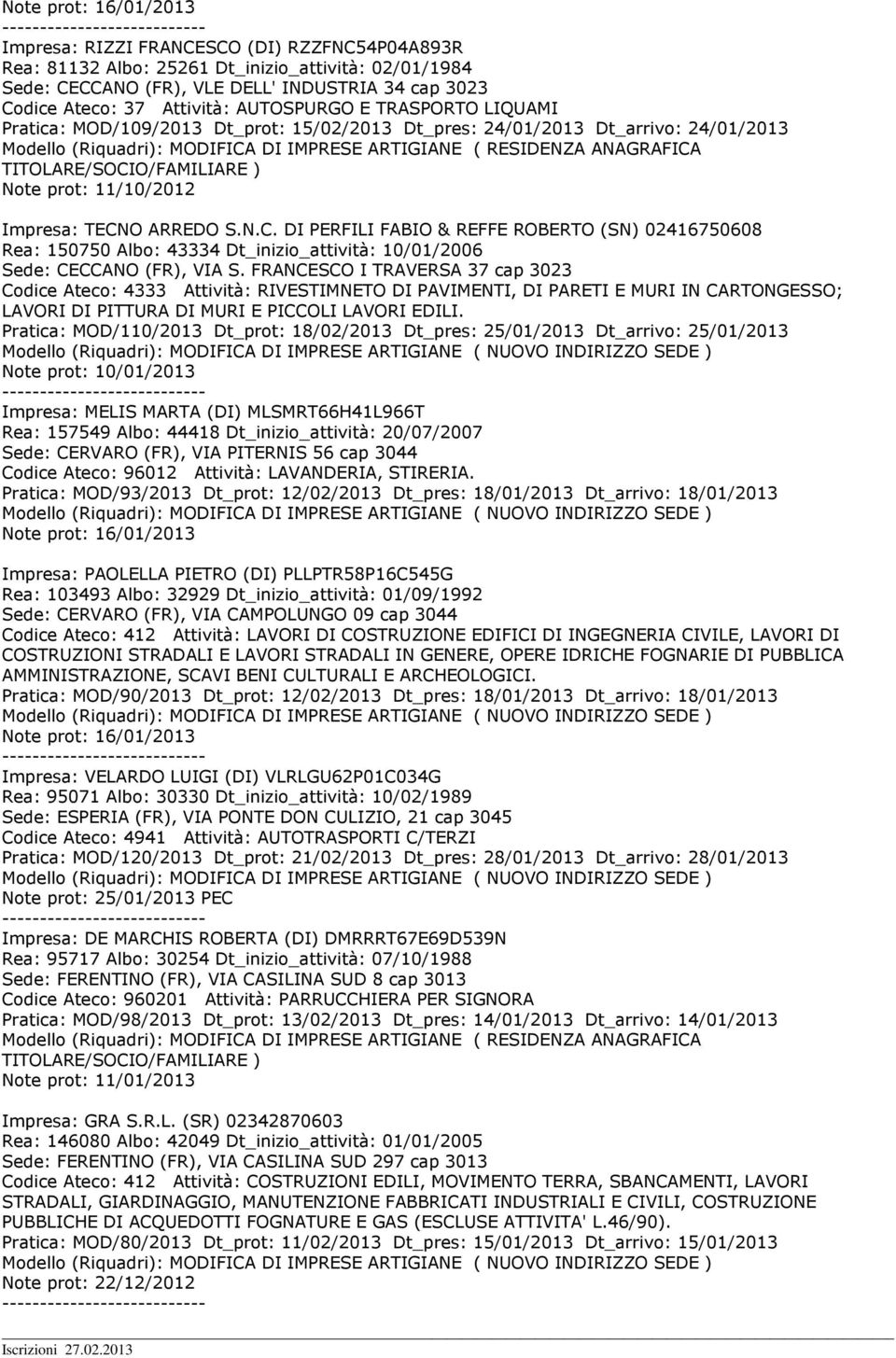 TITOLARE/SOCIO/FAMILIARE ) Note prot: 11/10/2012 Impresa: TECNO ARREDO S.N.C. DI PERFILI FABIO & REFFE ROBERTO (SN) 02416750608 Rea: 150750 Albo: 43334 Dt_inizio_attività: 10/01/2006 Sede: CECCANO (FR), VIA S.