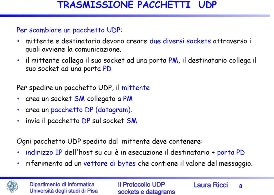 il mittente collega il suo socket ad una porta PM, il destinatario collega il suo socket ad una porta PD Per spedire un pacchetto UDP, il mittente crea un