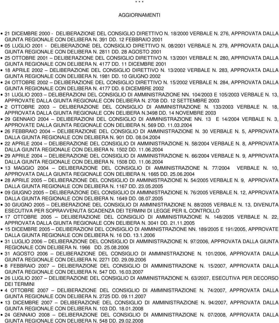 28 AGOSTO 2001 25 OTTOBRE 2001 DELIBERAZIONE DEL CONSIGLIO DIRETTIVO N. 13/2001 VERBALE N. 280, APPROVATA DALLA GIUNTA REGIONALE CON DELIBERA N. 4177 DD.