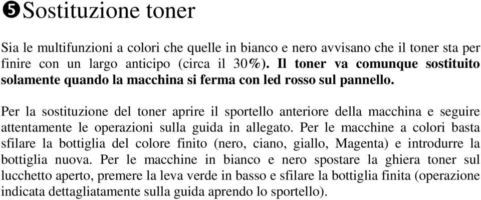 Per la sostituzione del toner aprire il sportello anteriore della macchina e seguire attentamente le operazioni sulla guida in allegato.