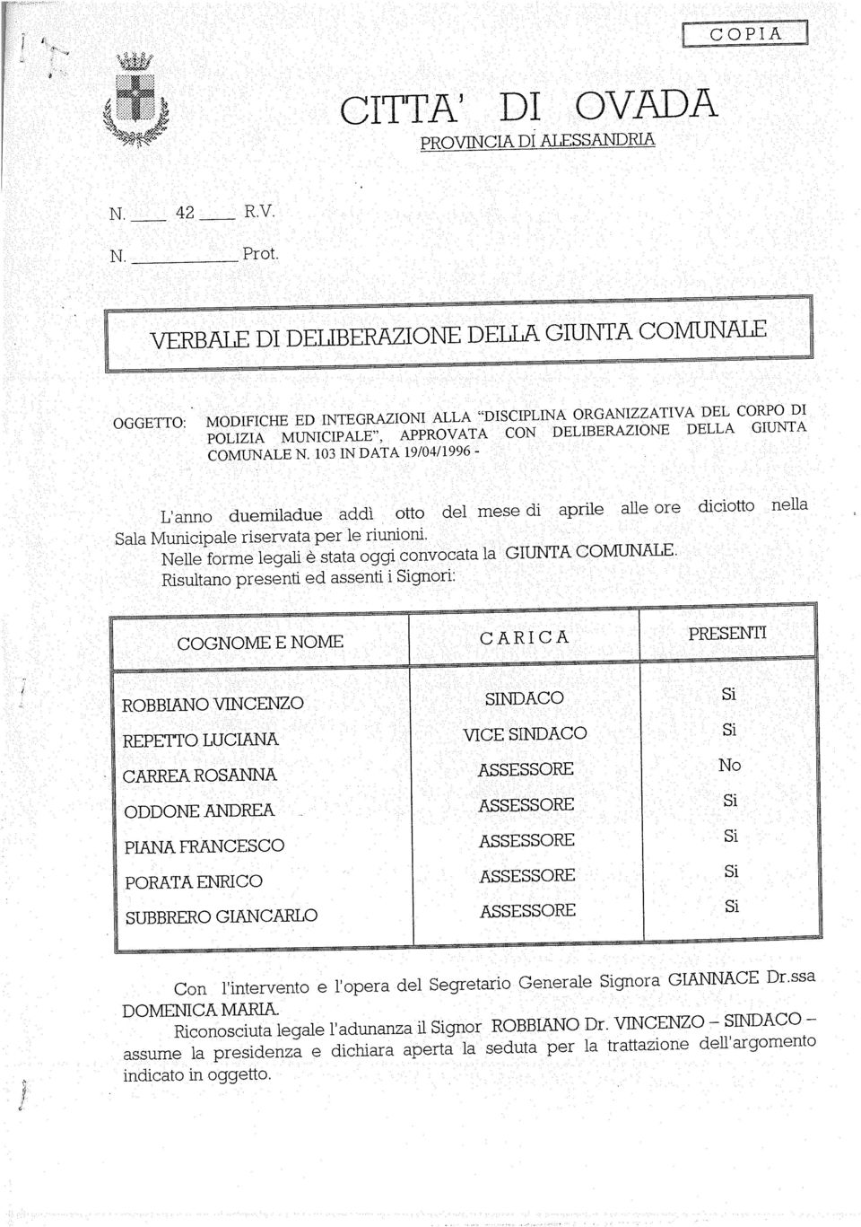 riunioni. &ti CITTA DI OVADA indicato in oggetto.