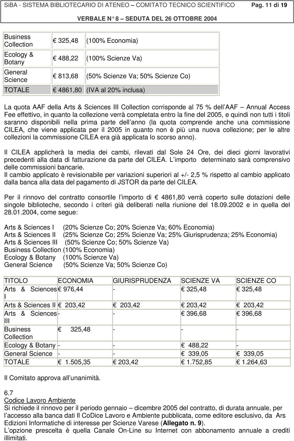 della Arts & Sciences III Collection corrisponde al 75 % dell AAF Annual Access Fee effettivo, in quanto la collezione verrà completata entro la fine del 2005, e quindi non tutti i titoli saranno